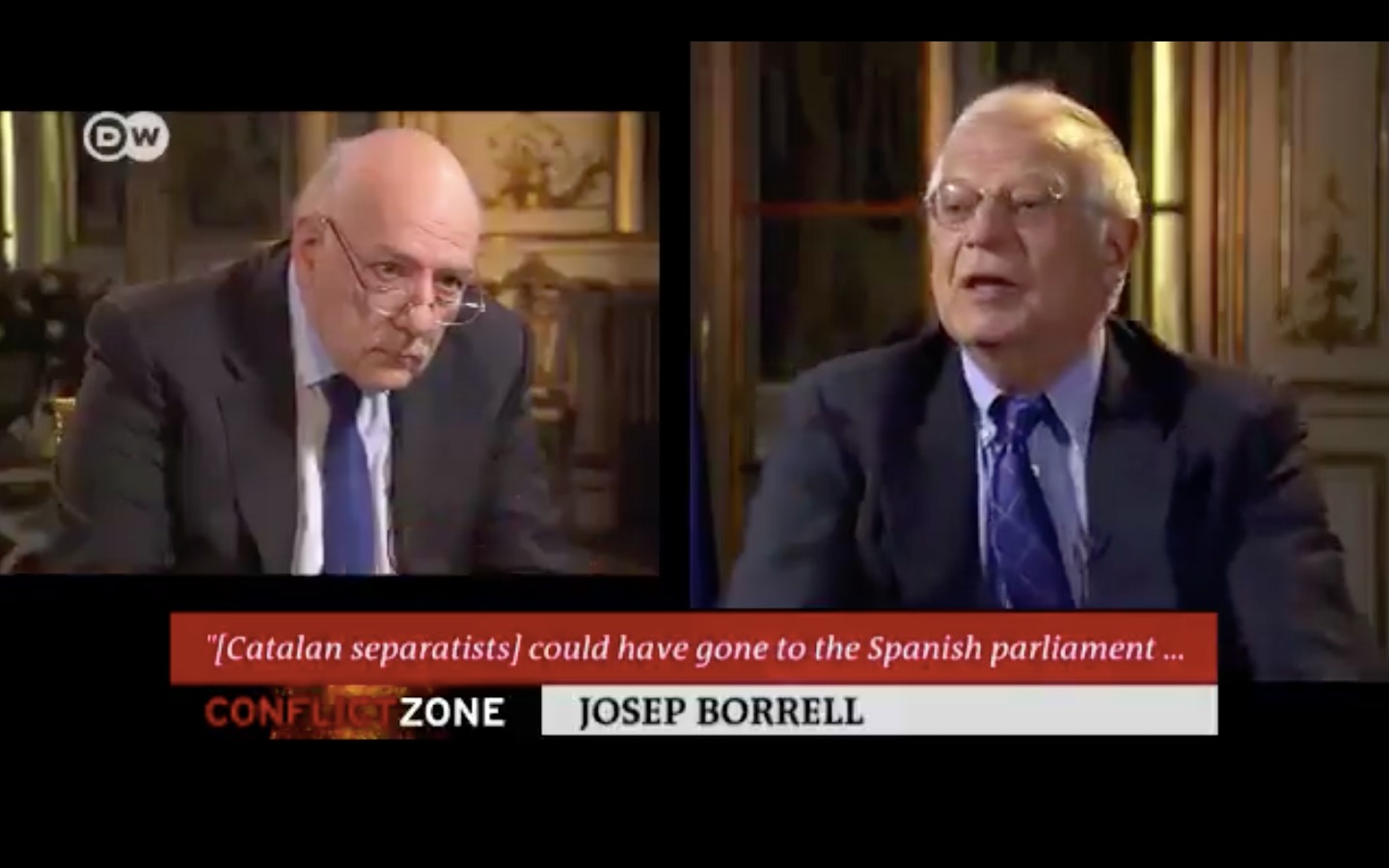 Tim Sebastian (left) and Josep Borrell (right) during the interview in 'The Conflict Zone' (screenshot Deutsche Welle)